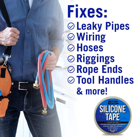 Person holding hoses with text listing fixes like leaky pipes, wiring, and more, featuring Clear Heavy Duty Silicone Tape Self Fusing Waterproof Tape For Plumbing And Electrical Repairs 1 Inch By 40 Feet Clear Seal For Leaks Hoses Pipes Coax Cables Tool Handles And More Quick Rescue Fix At Home Or On The Job.