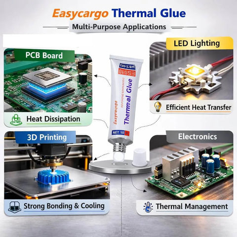 Heavy Duty Silicone Thermal Glue For GPU VRM VRAM LED Heatsinks And IC Chips Non Conductive Permanent Bonding For MOSFET Transistors 3D Printer PCB TEC1 12706 RTV 4 Pack shown with electronics and 3D printer applications