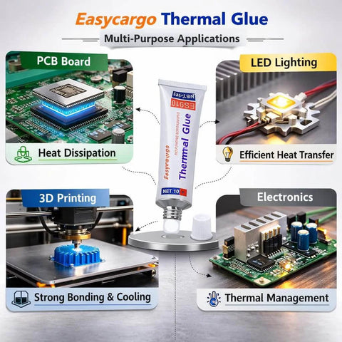 Silicone Thermal Glue For GPU VRM VRAM LED Heatsinks And IC Chips Non Conductive Adhesive With Beast Heat Transfer For MOSFET Transistors 3D Printer PCB TEC1 12706 Peltier RTV Quick Bond Long Lasting Heat Dissipation shown in multi-purpose applications