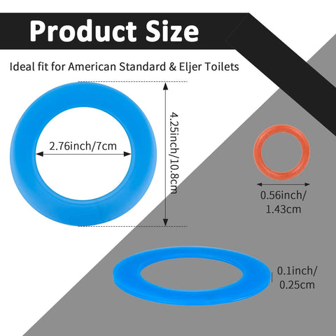 Size chart of silicone toilet flush valve seal kit 3 pack for Champion 4 and Eljer Titan 4 replacement o rings, blue and red.