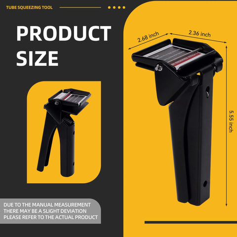 Silicone Tube Squeezer Tool For RTV Tubes, 2.5 inch easy grip dispenser with pro grade control, front and side view dimensions.