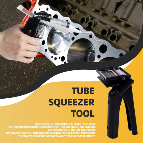 Silicone Tube Squeezer Tool For RTV Tubes, 2.5 Inch Easy Grip Dispenser, shown in use on engine block