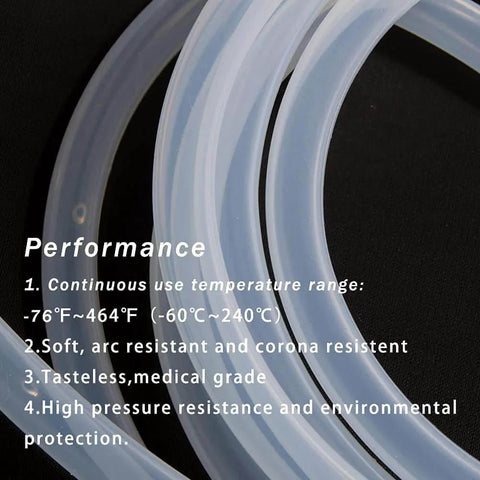 Close-up of Pure Silicone Tubing 3mm ID 5mm OD, coiled with text on performance features including temperature range.