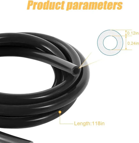 Silicone Vacuum Tubing Hose Line For Automotive Radiator, 10 Feet Long, Inner Diameter 0.25 Inch 6mm, shown coiled with dimensions.