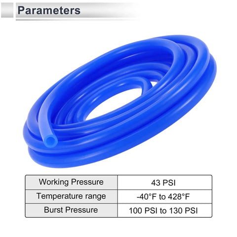 Blue Silicone Vacuum Tubing Hose 12mm ID 18mm Outer Diameter, 20 Ft Long shown coiled with pressure parameters.