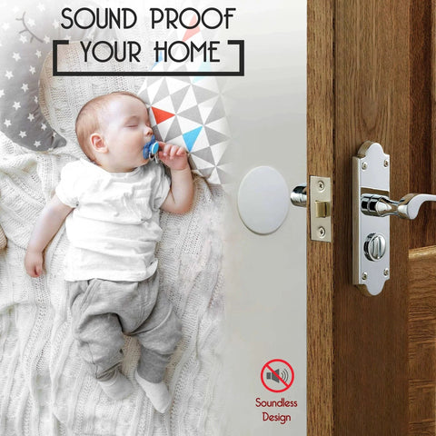 Door Stoppers - Large 3.15" (4 PCS) - Door Stoppers for Wall with Strong Back Adhesive - Quiet and Shock Absorbent Silicone Wall Protectors from Door Knobs - Protects Every Surface - White. Image of door stopper on wall near sleeping baby.