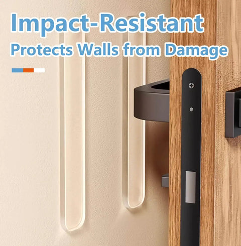 Clear Silicone Cabinet Door Bumpers, 10 Pack Self-Adhesive Noise Dampening Pads for Drawers and Furniture, Transparent Bumpers for Table Tops and Walls shown installed on wall behind door.