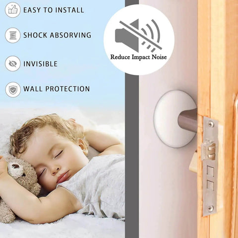 16 Pack 2 Inch Round Clear Silicone Door Knob Wall Protectors installed on wooden door near sleeping child