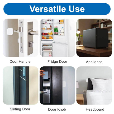 Image showing various uses of Silicone Door Stopper Wall Protector Set for home and office; applied on door handle, fridge, and headboard.