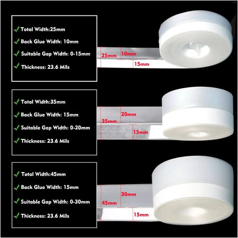 Three rolls of Silicone Weather Stripping Seal Door Tape 16.5 Feet Strip Bottom Draft Insulation Stopper, varying sizes, key dimensions shown.