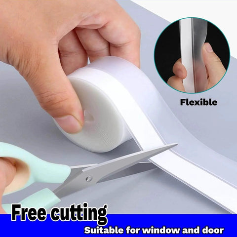 Cutting Silicone Weather Stripping Seal Door Tape 16.5 Feet Strip, flexible tape being cut with scissors, suitable for door and window.