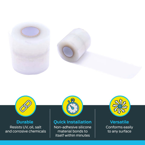 Non Adhesive Self Fusing Silicone Pipe Wrap Tape For Push To Connect Brass Plumbing Fittings Protecting Against Ground Contaminants And Ready For Buried Installations Model 25406A, silicone wrap roll displayed.
