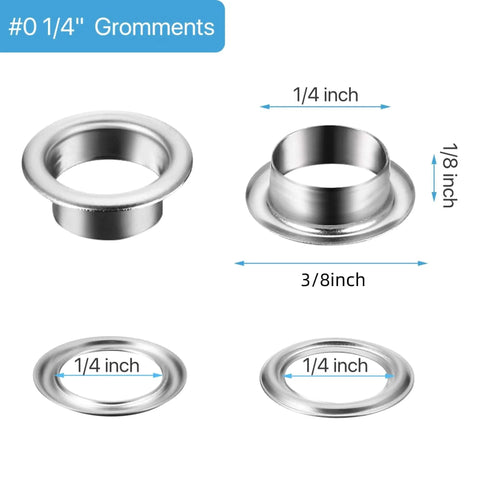500 Pcs Grommet and Washer Kit for Leather, Fabric and Bags 1/4 Inch Inner Diameter Silver Finish Eyelets with measurements