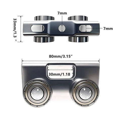 Side and top view of silver 4 Wheel Trolley Assembly Rollers, 80mm width, compatible with 1-5/8" wide strut channel, P1000/P5000 Series.