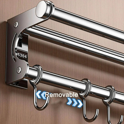 Silver 40CM+8Hook Modern Kitchen Utensil Hanger wall-mounted on wood, focusing on removable hooks and sturdy design.