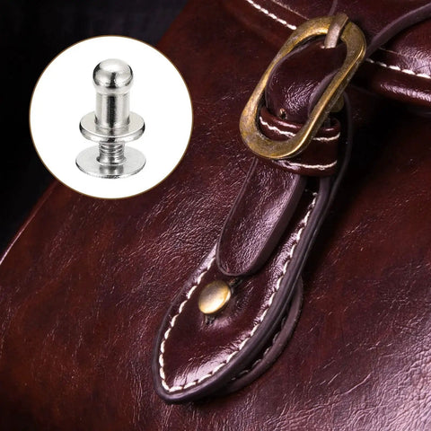 4mm Ball Head Stud Rivets With Screw Back on brown leather bag closure, showcasing silver tone zinc alloy rivet details, 15 pack.