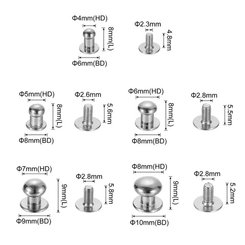 Ball Head Stud Rivet Set 4 5 6 7 8 Mm Head Diameter Back Screws 50 Pack Silver Tone Zinc Alloy Button Nipple Rivets