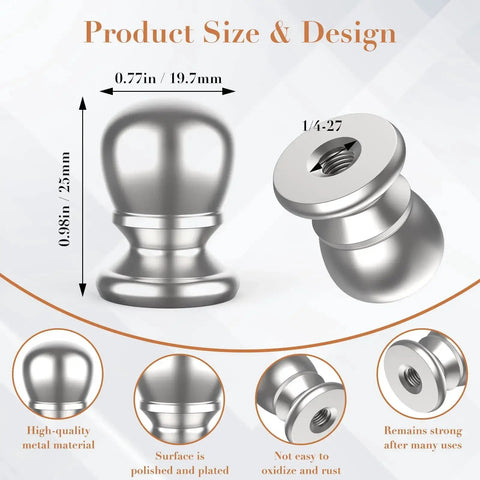 Polished silver ball lamp finial with 1/4-27 inch thread, showing dimensions and features for secure lampshade attachment.
