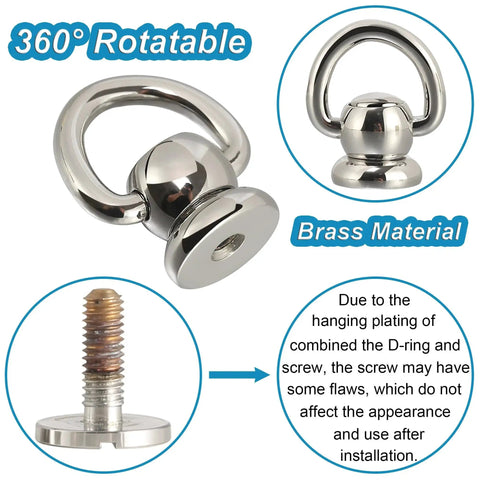 Close-up of 4 Pieces D Rings For Brass Rivets Rotatable 360 Degree Strap Hardware Ball Button Studs Chicago Screws Silver