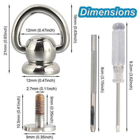 Dimensions of 4 Pieces D Rings For Brass Rivets Rotatable 360 Degree Strap Hardware Ball Button Studs Chicago Screws Silver