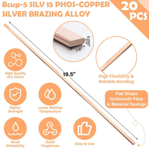20 Silver Brazing Rods Pack 0.050 By 0.125 By 19.5 Inch Copper Phos Copper Alloy for HVAC Air Conditioning Refrigeration Welding Industry Grade Flat Welding Rods for DIY Pros and Professional Technicians, product features highlighted.