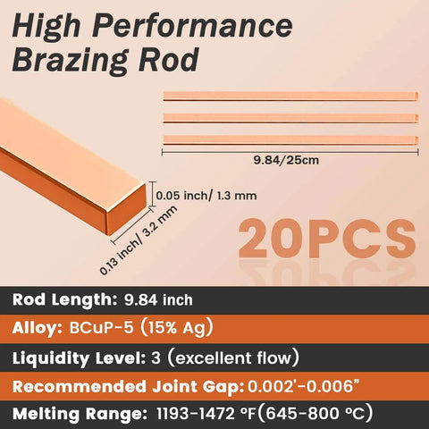 Pro Grade Silver Brazing Rods Set RIZENCE Fifteen Percent Silver AWS BCuP-5 Phos Copper Brazing Alloys dimensions and specs