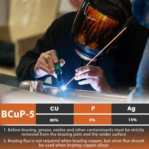 Welder using Pro Grade Silver Brazing Rods Set RIZENCE Fifteen Percent Silver AWS BCuP-5 Phos Copper