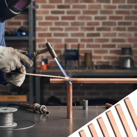 Person welding copper pipes using 20 Silver Brazing Rods Pack 0.050 By 0.125 By 19.5 Inch Copper Phos Copper Alloy, HVAC application