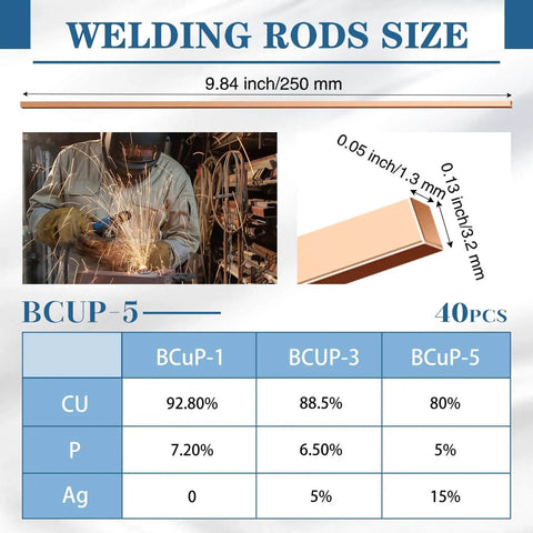 Table showing composition and size of 40 Pack Fifteen Percent Silver Brazing Rods For Phos Copper Brazing Alloys AWS BCup 5 Flat Welding Rods