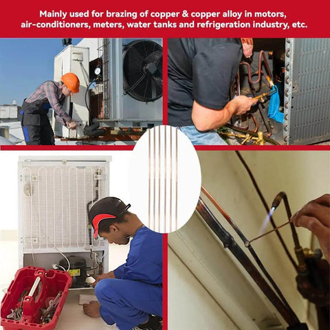 Technicians using 20 Pack 5 Percent Silver Brazing Rods BCuP-3 for gas soldering in HVAC systems and refrigeration units