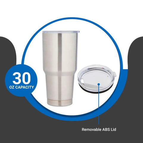 Front view of Ceramic Interior 30oz Wine Tumbler with Lid, double-wall vacuum insulated, silver, next to removable ABS lid.