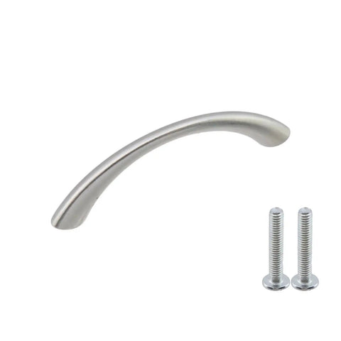 Silver Curved Drawer Handles Set Of 6 With Ergonomic Arch Design, 75mm Length And 65mm Hole Centers, includes screws.