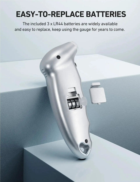 Side view of silver Digital Tire Pressure Gauge 0 To 150 PSI With Backlit LCD And Presta Valve Adaptor Included showing battery compartment.