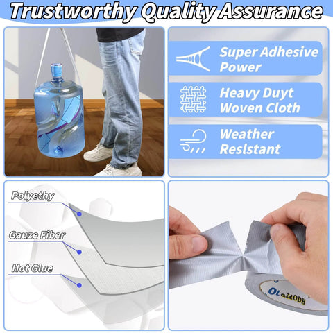Bulk 48 Pack Silver Heavy Duty Go To Everyday Tough Duct Tape used to lift water jug; includes material and feature descriptions.