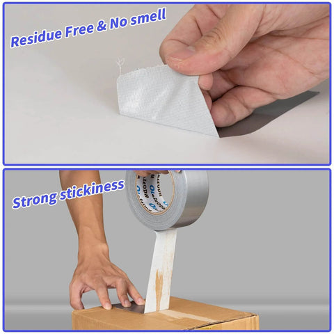 Bulk 48 Pack Silver Heavy Duty Go To Everyday Tough Duct Tape 2 Inch By 30 Yard Rolls Total 1440 Yards All Weather Waterproof Tear By Hand No Residue Indoor Outdoor Repairs Industrial And Professional Use Multi Purpose shown being torn by hand and sticking on a box.