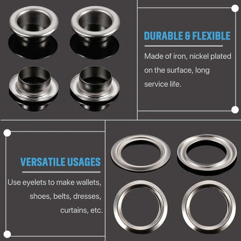 500 Pcs Grommet and Washer Kit for Leather, Fabric and Bags 1/4 Inch Inner Diameter Silver Finish Eyelets details