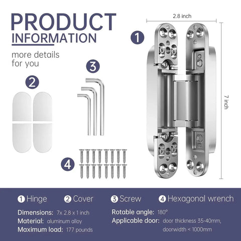 4 Pack 7 Inch Hidden Door Hinges Concealed Zinc Alloy With 180 Degree Swing 3 Way Adjustable Silent Butt Hinge Set, product details with components.