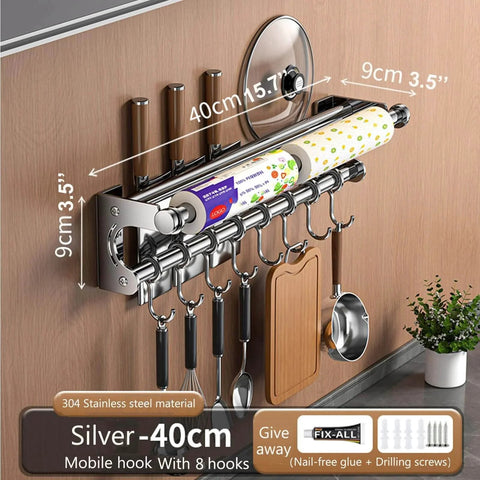 Silver 40CM+8Hook Modern Kitchen Utensil Hanger installed on wall, with knife rack, towel bar, and cookware hanging space-saving kitchen organizer.