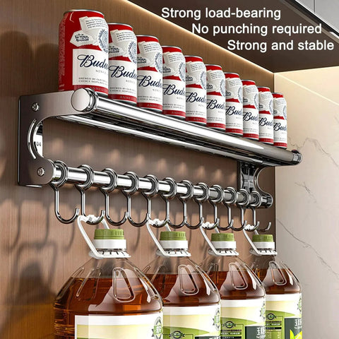 Silver 40CM+8Hook Modern Kitchen Utensil Hanger holding bottles and cans, space-saving wall mount with hooks and strong load-bearing.