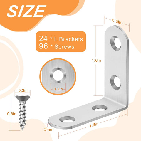 24PCS Silver L Bracket Corner Sets 90 Degree Corner Brace Right Angle Bracket Metal Stainless Steel for Wood Shelves Cabinet Furniture Tables Chairs and DIY with 100PCS Screws (1.6*1.6 in) designed for smooth motion and stable alignment in, showing bracket dimensions and screws