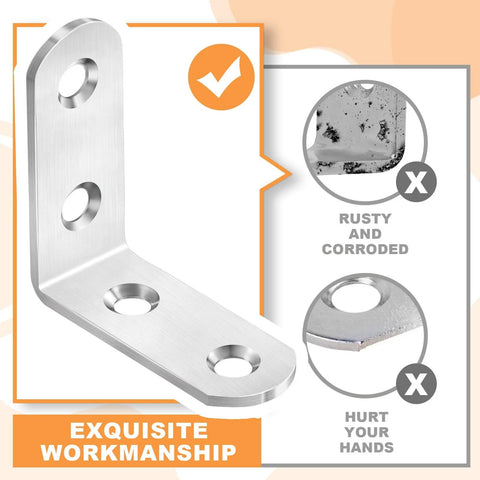 Silver L bracket corner set, 90-degree angle, stainless steel, smooth finish, comparison with rusty and sharp brackets.