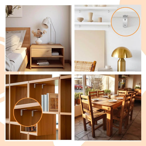 Collage showing installation of L brackets on shelves, furniture, and tables using 24PCS Silver L Bracket Corner Sets