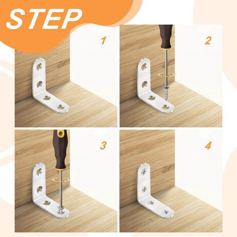 Installation steps of ✝️ 24PCS Silver L Bracket Corner Sets 90 Degree Corner Brace Right Angle Bracket Metal Stainless Steel for Wood