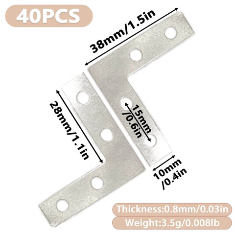 40 Pack Silver L Corner Brackets, 1.5x1.5inch Small Decorative Iron Corner Braces for Wood, Metal Flat Bracket Braces