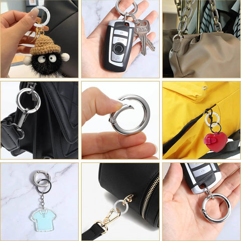 4 Pack Silver Metal O Ring Set For Purses And Handbags, Keys And Carabiners in use on various bags and keychains.