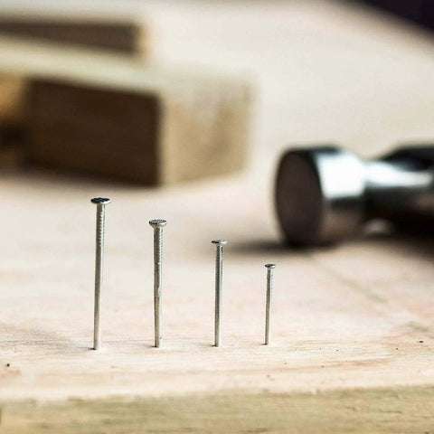 Four silver nails of varying sizes from a 600 Piece Nail Assortment Kit Silver Nails In 4 Sizes For Hanging Pictures And Finishing Nails.