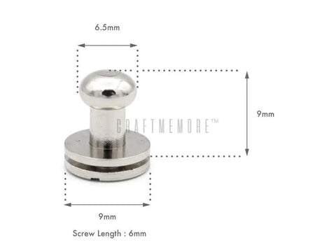 Diagram of Solid Brass Ball Head Screw Back Studs 6.5 mm Silver Plated Nipple Rivets, showing dimensions and screw length details.