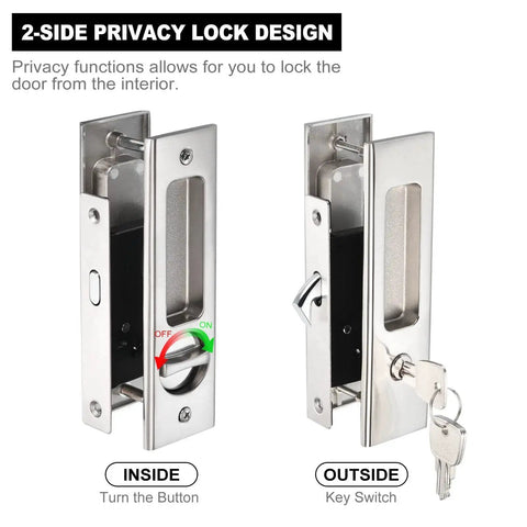 Invisible Recessed Pocket Door Lock With Hidden Handle And Keys, Ideal For Sliding Barn Wood Doors, Silver Finish, shown installed