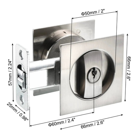 Pocket Door Lock With Keys And Invisible Recessed Handle Latch For Barn Doors And Wood Furniture, shown with dimensions
