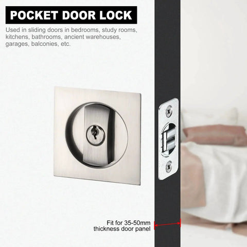 Pocket Door Lock With Keys And Invisible Recessed Handle Latch For Barn Doors And Wood Furniture, Silver Square Lock